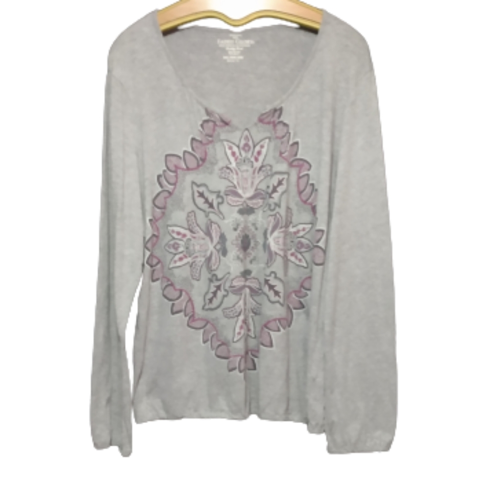 Faded Glory Gray Floral Long Sleeve Tee XXL